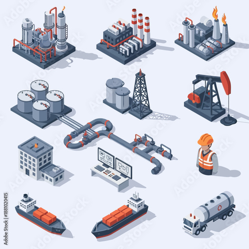 Industrial equipment icons set in black and white.