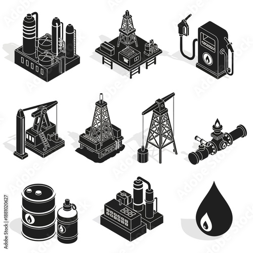 Industrial equipment icons set in black and white.