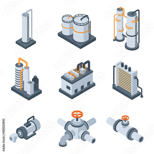 Industrial equipment icons set in black and white.
