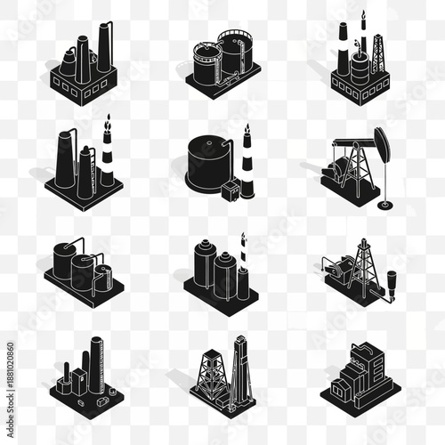 Industrial equipment icons set in black and white.