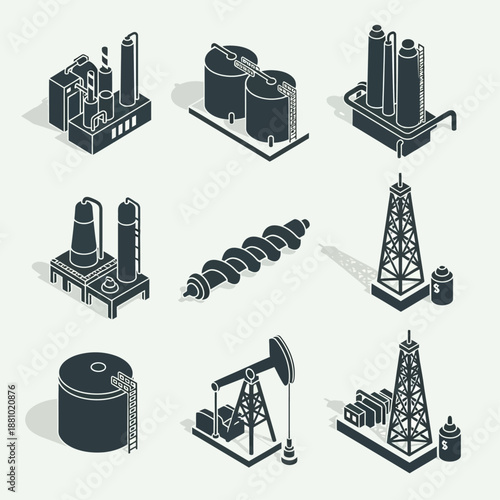 Industrial equipment icons set in black and white.