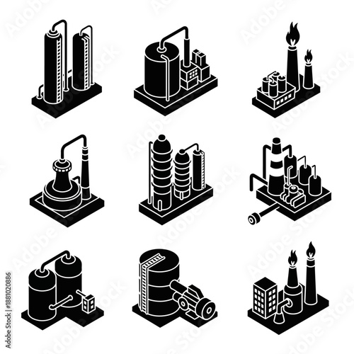 Industrial equipment icons set in black and white.