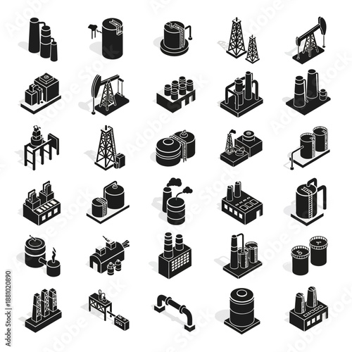 Industrial equipment icons set in black and white.