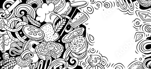 Cartoon vector doodle Bakery banner background. Funny Bakehouse sketchy design