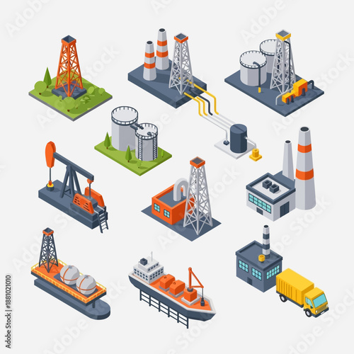 Industrial equipment icons set in black and white.