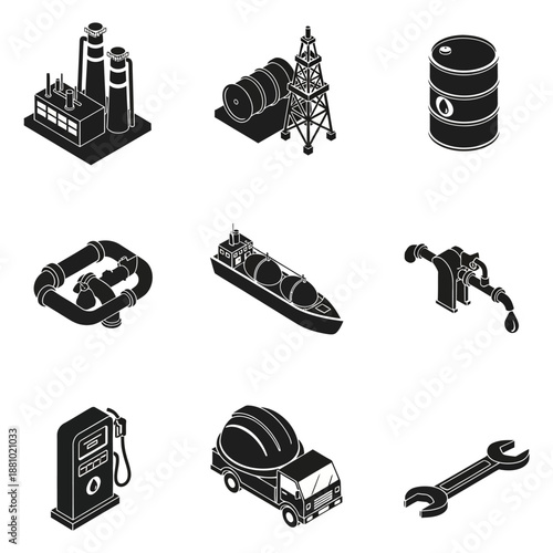 Industrial equipment icons set in black and white.