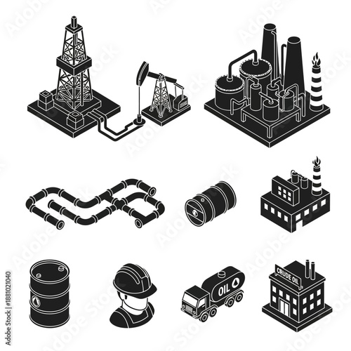 Industrial equipment icons set in black and white.