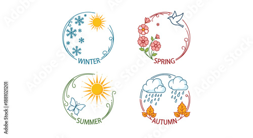 Four circular icons representing winter spring summer and autumn seasons with corresponding natural elements and weather symbols for time design.