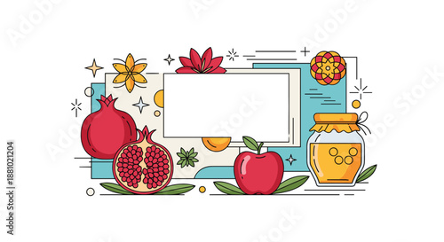 Festive rosh hashanah composition with pomegranate honey apple and flowers in a modern thin line art style with geometric shapes.
