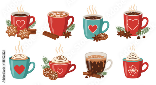 Assorted cozy cups of hot chocolate and coffee with foam hearts and stars served with gingerbread cookies and spices for winter season.