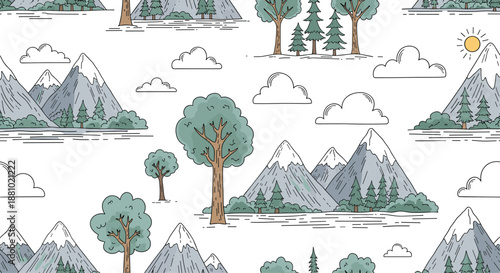 Scenic nature landscape seamless pattern featuring majestic snow capped mountains green pine trees and fluffy white clouds on a white backdrop.