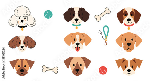 Adorable dog faces collection with breeds like poodle and beagle along with pet accessories like bones balls and leashes for dog lovers.