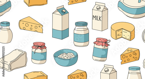 Dairy products seamless pattern featuring milk cartons cheese blocks yogurt jars and cottage cheese bowls in a hand drawn doodle style.