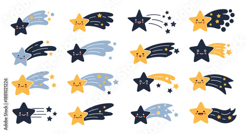 Cute cartoon shooting stars with smiling faces and colorful trails in various shapes for childrens space and night sky illustrations.