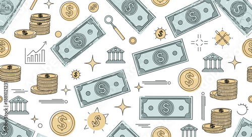 Financial and banking seamless pattern featuring dollar bills coins banks and charts in a modern flat line art style for business design.