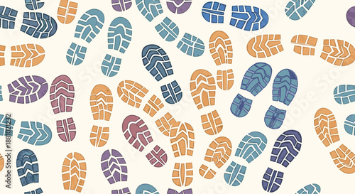 Colorful seamless pattern of shoe sole prints and boot treads in various shapes on a light beige background for travel and adventure themes.