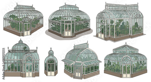Set of greenhouse illustrations in classic victorian style featuring glass structures with green plants inside for garden and botany design.