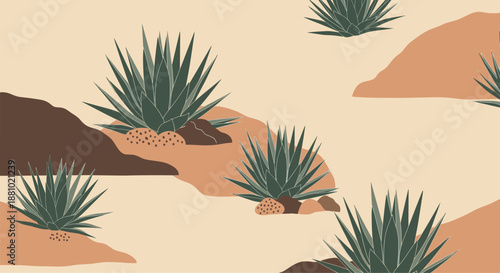 Arid desert landscape with agave and succulent plants in warm terracotta and earthy tones for a modern bohemian interior decor style.