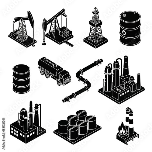 Industrial equipment icons set in black and white.