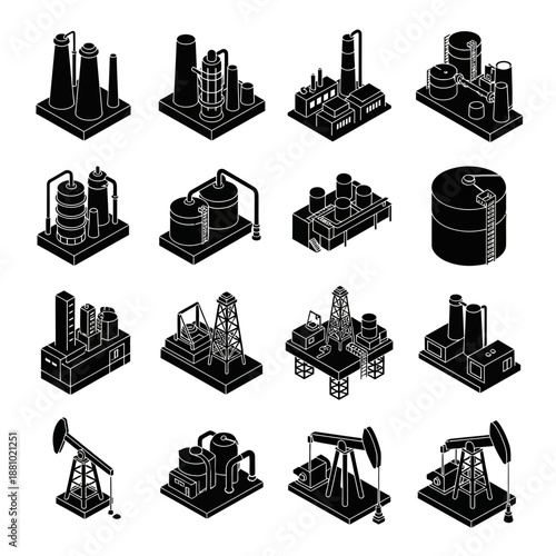 Industrial equipment icons set in black and white.