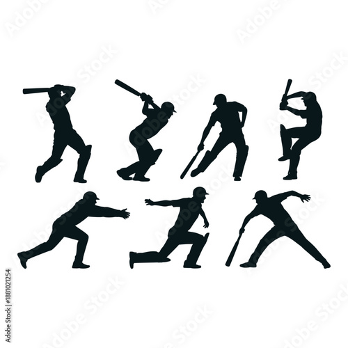 Collection of baseball players in various action poses silhouetted against a white background