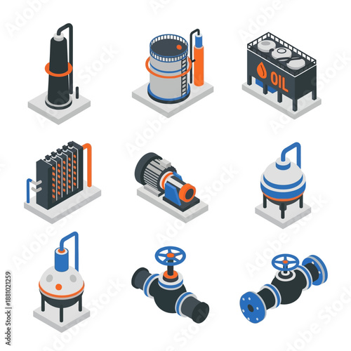 Industrial equipment icons set in black and white.