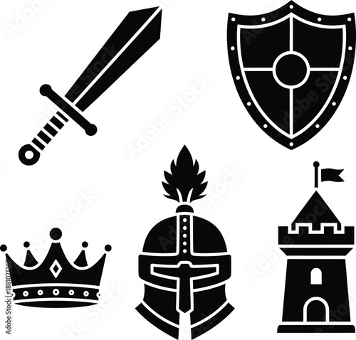 Collection of rpg game items showing crown and knight armor