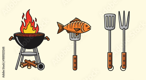 Outdoor barbecue icons including a classic charcoal grill fish on a fork spatula and meat fork for summer picnic and cookout themes.