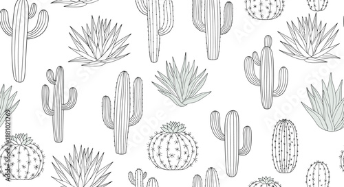 Minimalist black and white seamless pattern featuring various cactus and succulent plant outlines for a clean and modern desert nature theme.