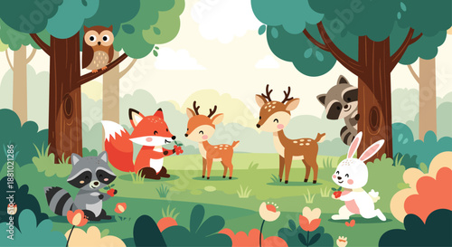 Enchanting forest clearing with cute animals including a fox deer rabbit raccoon and owl for childrens fairy tale book illustrations.