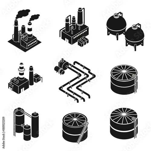 Industrial equipment icons set in black and white.
