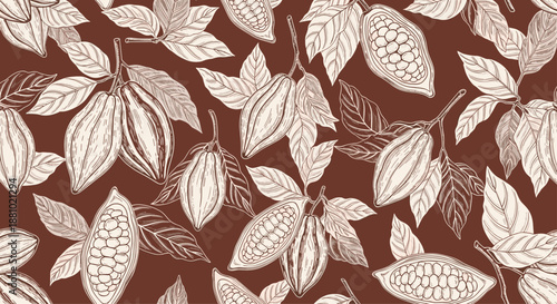 Detailed seamless pattern of cacao branches with pods and leaves in a vintage sepia line art style for chocolate and organic food themes.