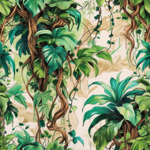 A lush, seamless tropical pattern features vibrant green jungle leaves and twisted brown lianas. This hand-drawn illustration is ideal for textile, wallpaper, or design projects.