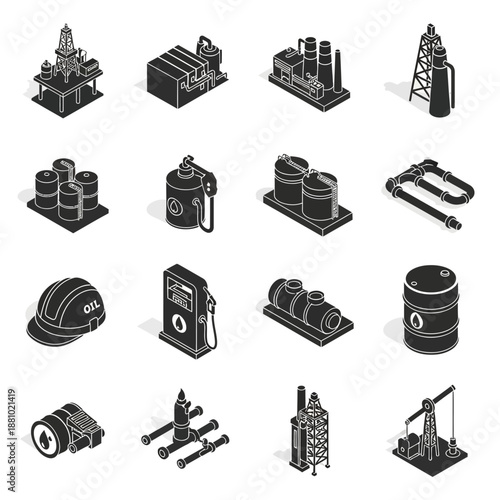 Industrial equipment icons set in black and white.