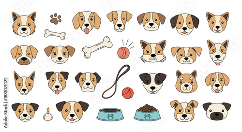 Large collection of diverse dog breed face icons alongside pet accessories like bones, balls, leashes, and food bowls.
