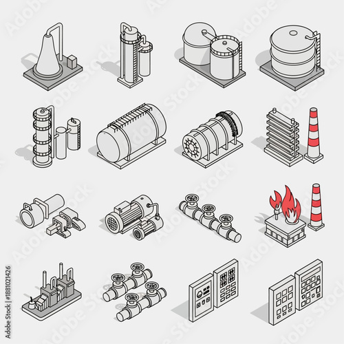 Industrial equipment icons set in black and white.