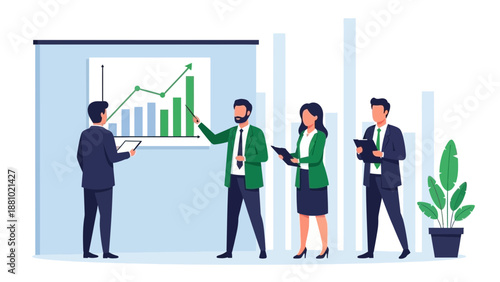 Business meeting with financial graph presentation and team collaboration