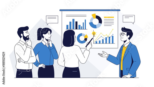 Business meeting with financial charts on presentation board