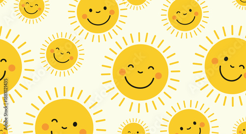 Bright and happy seamless pattern of yellow suns with various cute facial expressions on a warm cream background.