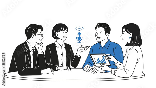 Business meeting with microphone icon, team discussion, podcasting concept