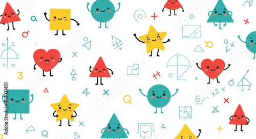 Educational pattern with cute geometric shape characters including stars and hearts mixed with various math symbols.