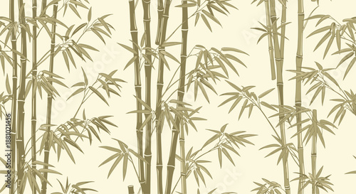 Elegant seamless pattern depicting a dense bamboo forest with stalks and leaves in a calm beige and olive green color scheme.