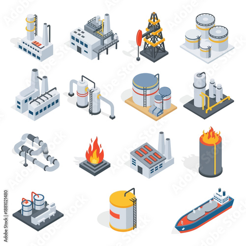 Industrial equipment icons set in black and white.