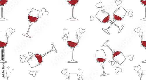 Romantic seamless pattern with red wine glasses and small floating hearts in a clean line art style with red accents.