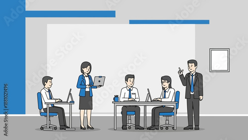 Business meeting with presentation, team collaborating in modern office