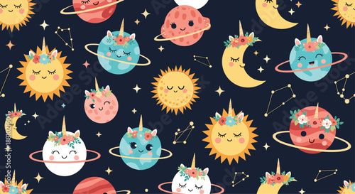 Whimsical space pattern with cute unicorn planets, smiling suns, crescent moons, and constellations on a dark navy background.