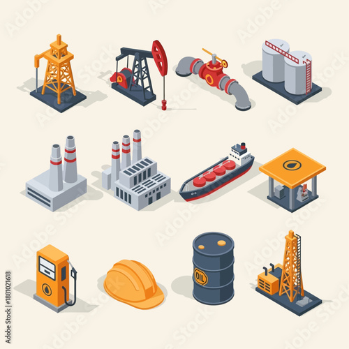 Industrial equipment icons set in black and white.