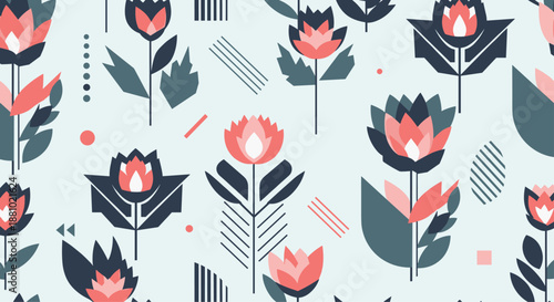 Modern geometric floral seamless pattern featuring stylized pink and dark grey flowers with abstract shapes on a light blue field.