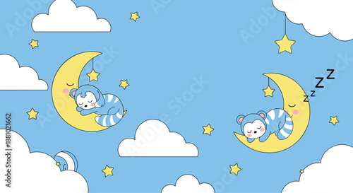 Adorable night sky illustration featuring cute raccoons sleeping peacefully on crescent moons among fluffy clouds and golden stars.