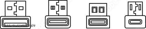 Line art vector set of 4 usb connector types usb-a usb-b mini-usb and micro-usb ports